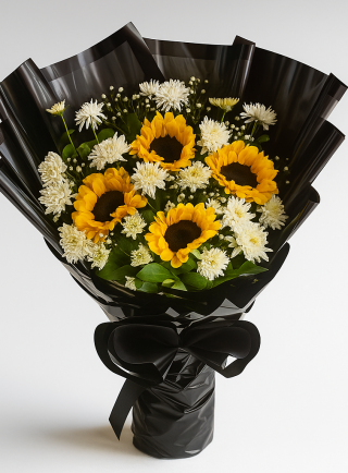 Sunflower and white daisy bouquet in black wrapping – Lahore Blooms