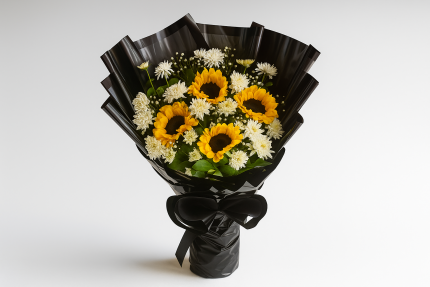Sunflower and white daisy bouquet in black wrapping – Lahore Blooms