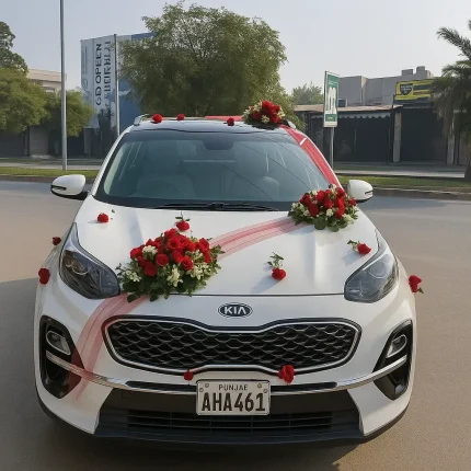 Lahore Blooms red roses wedding car decoration front view