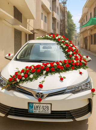 Lahore Blooms classic V-style floral wedding car décor front view