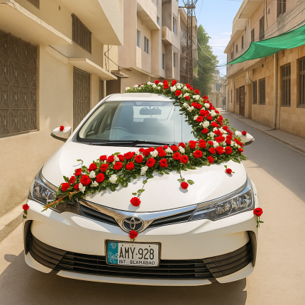 Lahore Blooms classic V-style floral wedding car décor front view