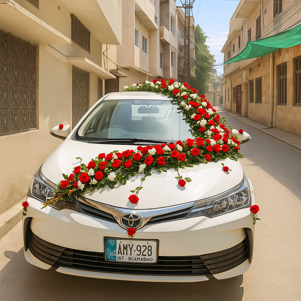 Lahore Blooms classic V-style floral wedding car décor front view, lahore blooms Lahore Blooms classic V-style floral wedding car décor front view