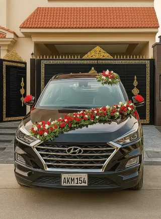 Red & White Garland Wedding Car Decoration – Premium SUV Style