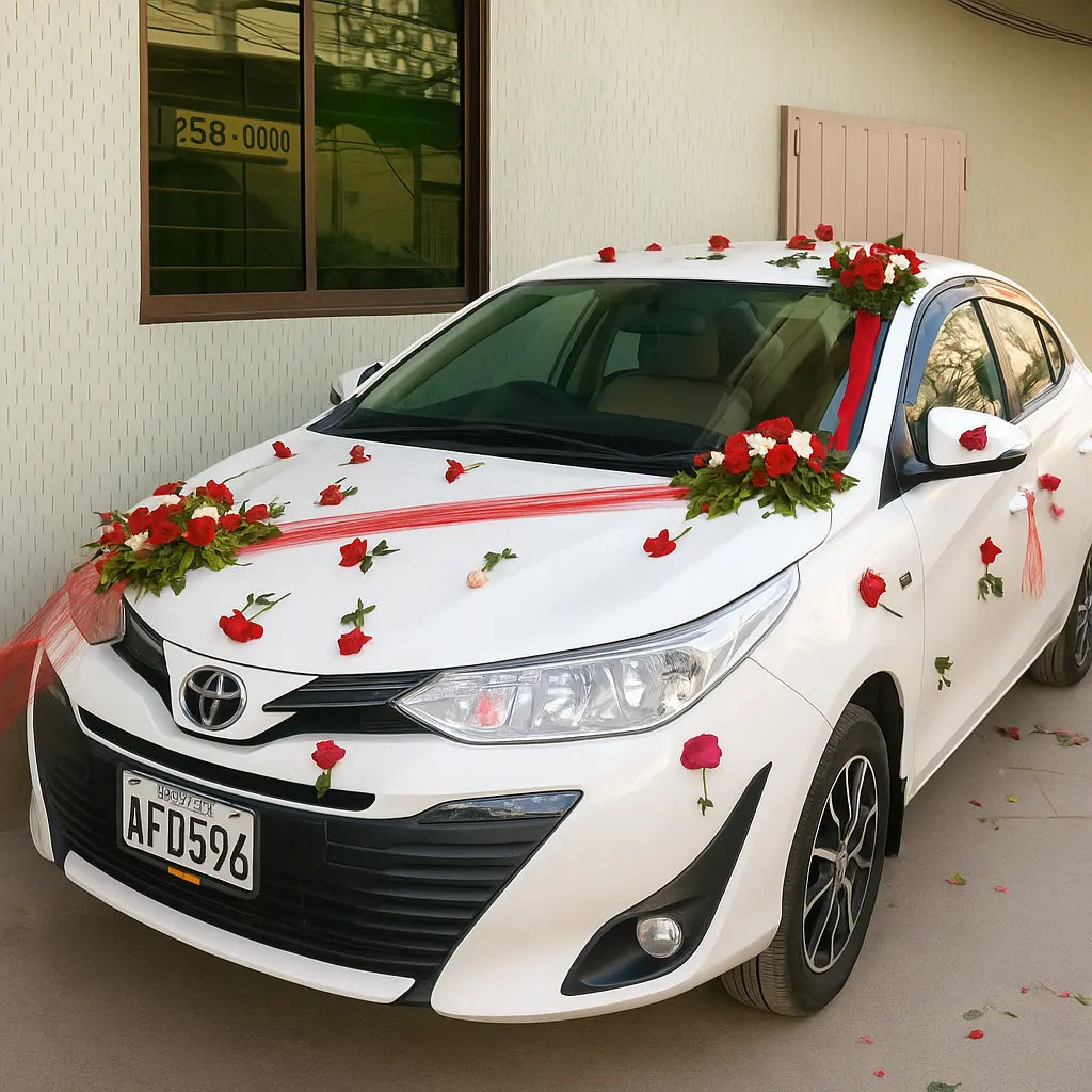 Lahore Blooms red ribbon and roses wedding car décor front view Lahore Blooms red ribbon and roses wedding car décor front view