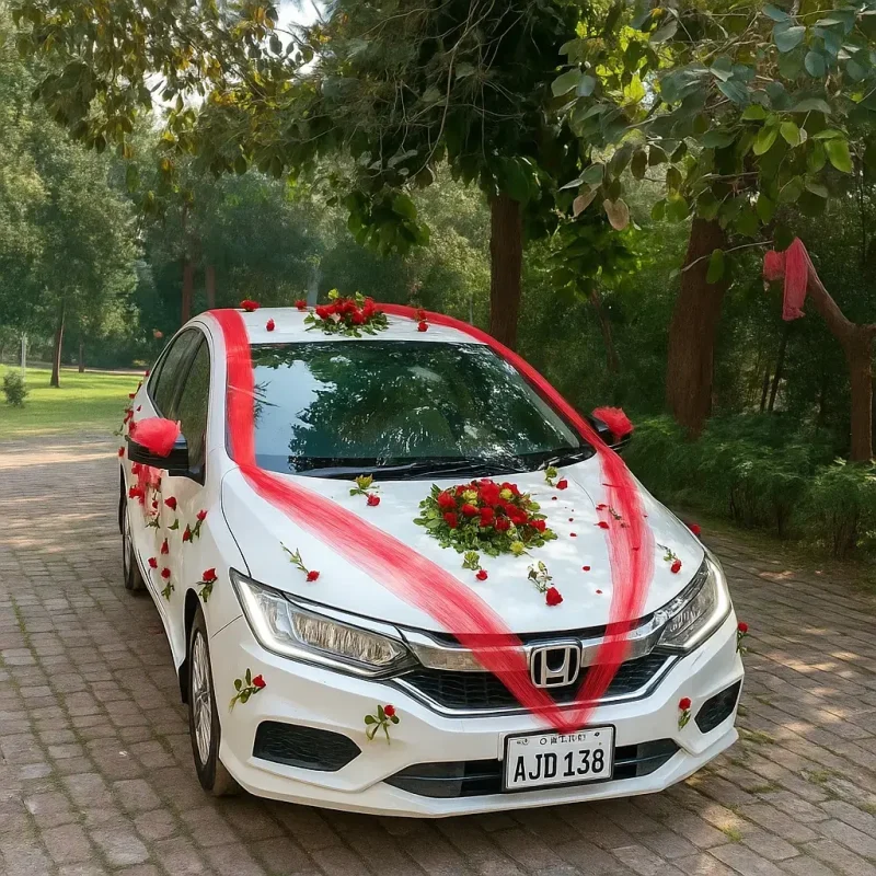 Lahore Blooms red ribbon and roses bridal car decoration