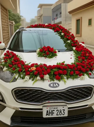 Lahore Blooms grand red roses full garland wedding car decoration