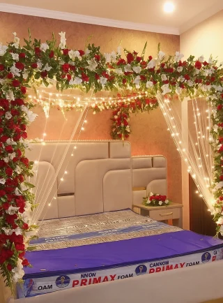 Grand Red & White Floral Canopy Wedding Room Decoration