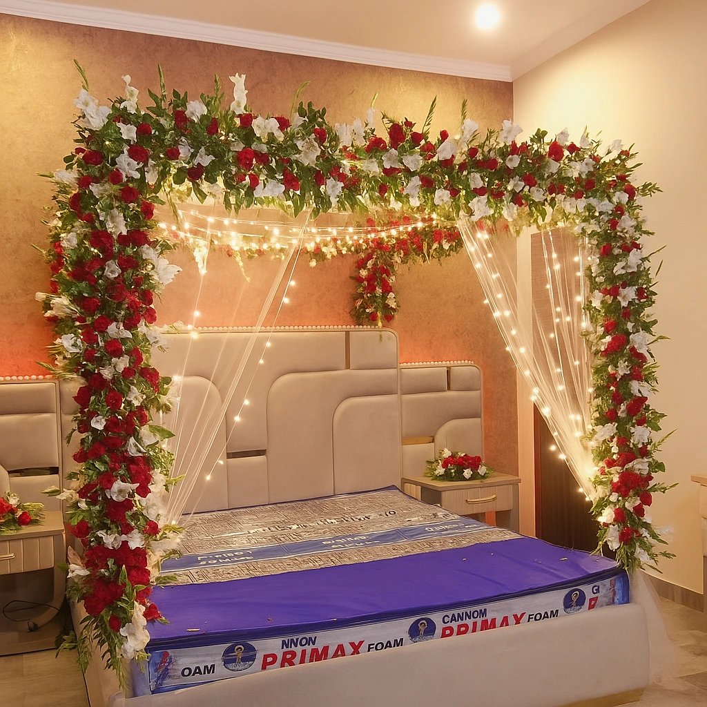 Lahore Blooms red and white wedding room decoration with full floral structure Grand Red & White Floral Canopy Wedding Room Decoration