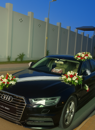 White & Red Floral Wedding Car Decoration – Black Audi Luxury Style