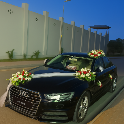 White & Red Floral Wedding Car Decoration – Black Audi Luxury Style
