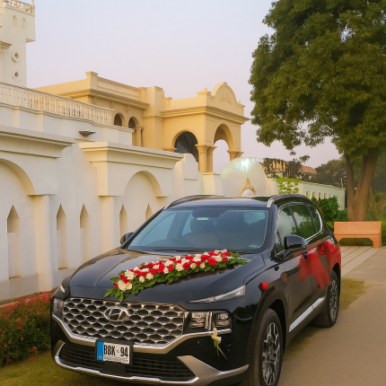 Lahore Blooms elegant white and red wedding SUV decoration front view