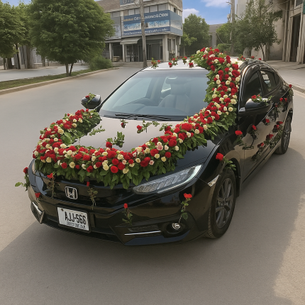 Grand Red & White Full Garland Wedding Car Decoration – Black Civic
