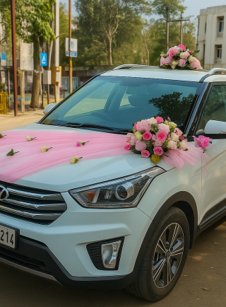 Lahore Blooms pastel pink wedding car decoration on white Hyundai SUV
