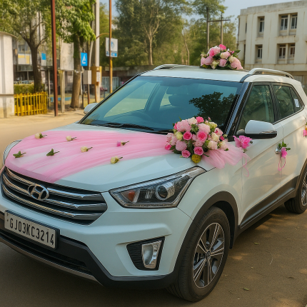 Lahore Blooms pastel pink wedding car decoration on white Hyundai SUV