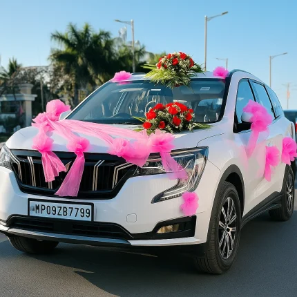 Lahore Blooms pink ribbon wedding car decoration on white SUV