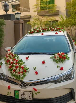 Lahore Blooms red and white bridal car decoration on white Toyota Corolla