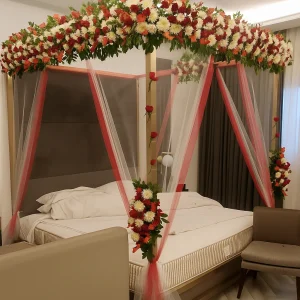 Gold Canopy Floral Wedding Room Decoration – Luxury Bridal Suite