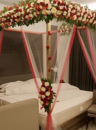 Gold Canopy Floral Wedding Room Decoration – Luxury Bridal Suite