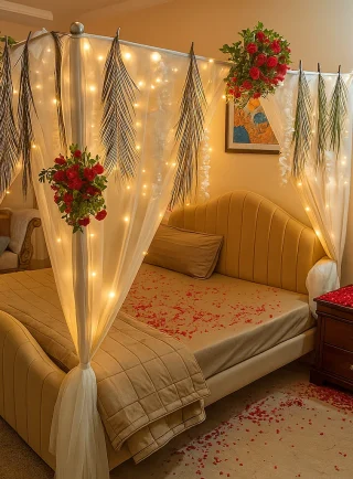 Lahore Blooms fairy light wedding room decoration with rose petals on bed and floor