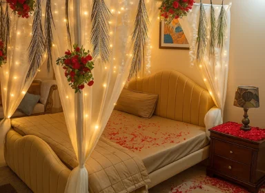 Lahore Blooms fairy light wedding room decoration with rose petals on bed and floor