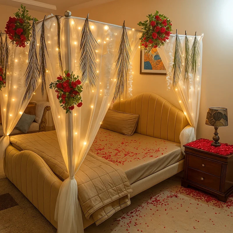 Lahore Blooms fairy light wedding room decoration with rose petals on bed and floor