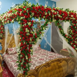 Royal Red & White Full Canopy Wedding Room Decoration – Gold Bed Design