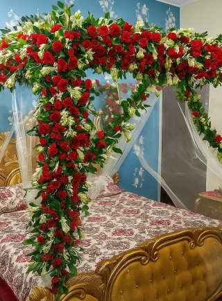 Royal Red & White Full Canopy Wedding Room Decoration – Gold Bed Design