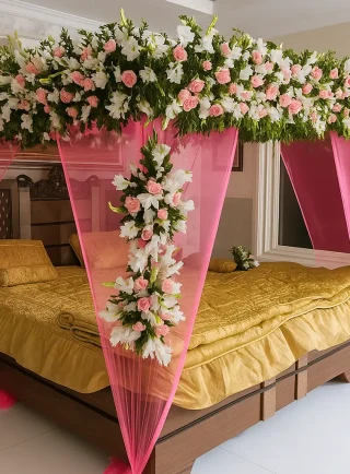 Pastel Pink Canopy Wedding Room Decoration – Gold Bed Setup