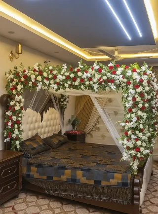 Red & White Luxury Canopy Wedding Room Decoration in Lahore | Lahore Blooms