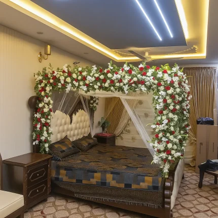 Red & White Luxury Canopy Wedding Room Decoration in Lahore | Lahore Blooms