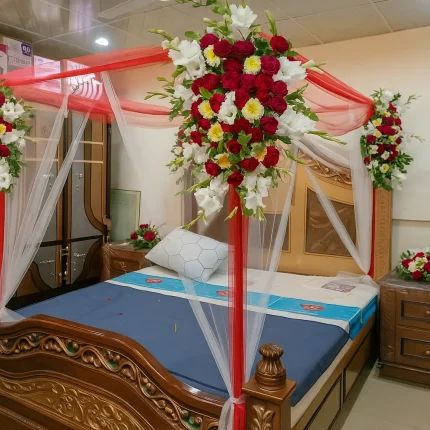 Fresh red and white bridal room flower decoration canopy – Lahore Blooms