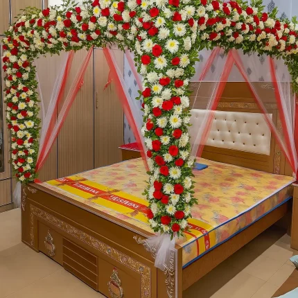 Full canopy bridal room flower decoration with red and white flowers – Lahore Blooms