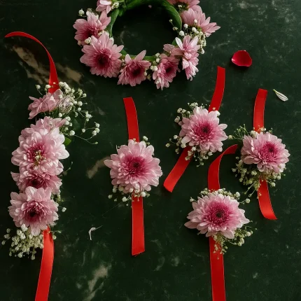Pink chrysanthemum flower wrist corsage set with floral crown – Lahore Blooms