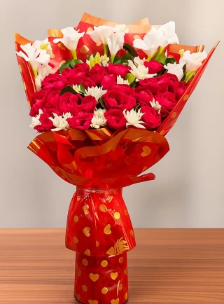 Red and white romantic fresh flower bouquet in heart wrapping – Lahore Blooms