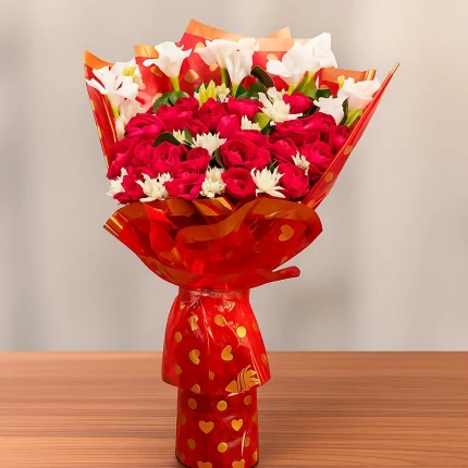 Red and white romantic fresh flower bouquet in heart wrapping – Lahore Blooms