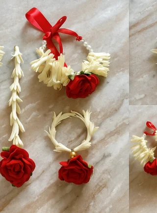 Artificial red rose and white gajra flower jewellery set with red ribbon – Lahore Blooms