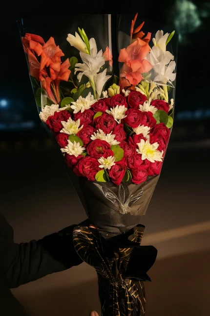 Tall red rose and gladiolus fresh flower bouquet in black wrapping – Lahore Blooms