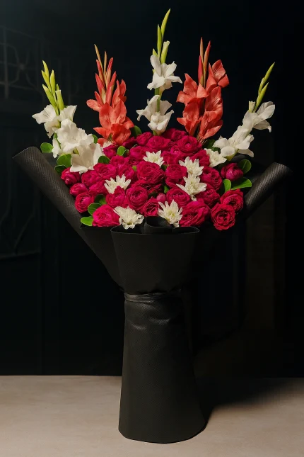 Grand red rose and gladiolus bouquet in black wrapping – Lahore Blooms