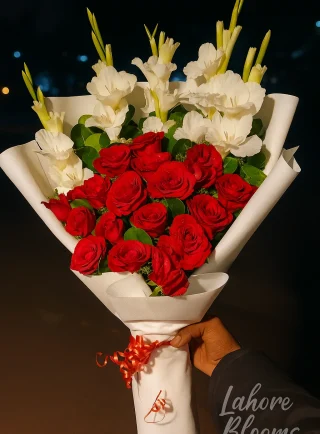 Red rose and white gladiolus fresh flower bouquet in white wrapping – Lahore Blooms