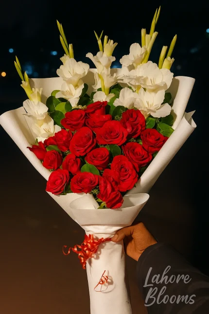 Red rose and white gladiolus fresh flower bouquet in white wrapping – Lahore Blooms