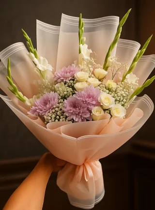 Pastel pink and white birthday bouquet with roses and chrysanthemums in peach wrapping – Lahore Blooms