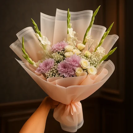 Pastel pink and white birthday bouquet with roses and chrysanthemums in peach wrapping – Lahore Blooms