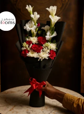 Red and white birthday bouquet for husband wrapped in black paper with red ribbon – Lahore Blooms
