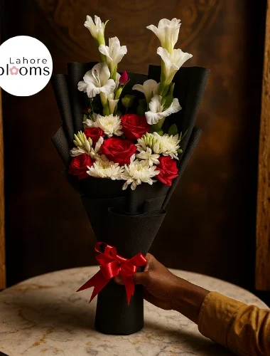 Red and white birthday bouquet for husband wrapped in black paper with red ribbon – Lahore Blooms