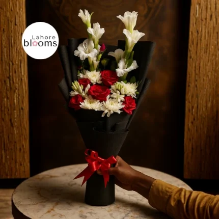 Red and white birthday bouquet for husband wrapped in black paper with red ribbon – Lahore Blooms