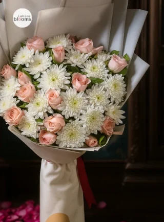 Blush Harmony Roses & Chrysanthemum Bouquet – Lahore Blooms