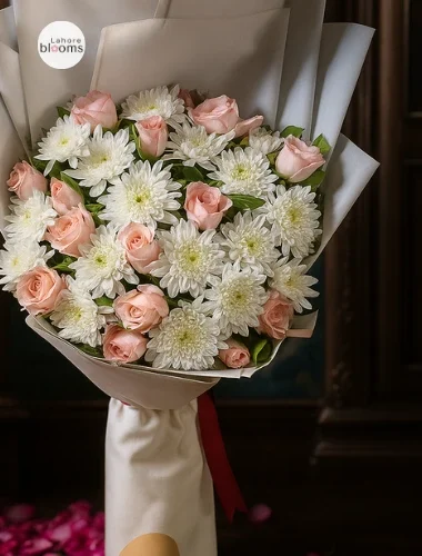 Blush Harmony Roses & Chrysanthemum Bouquet – Lahore Blooms