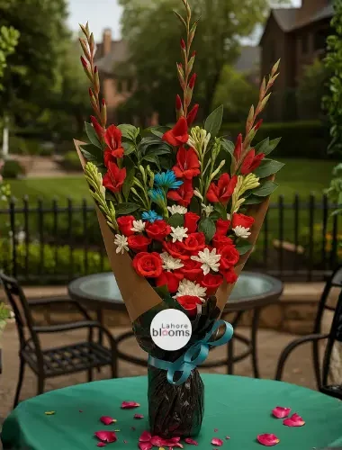 Tall standing bouquet with red gladiolus, red roses, white daisies and greenery in kraft wrapping – Lahore Blooms
