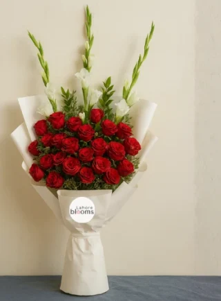 Red roses and white gladiolus bouquet wrapped in white paper – Lahore Blooms