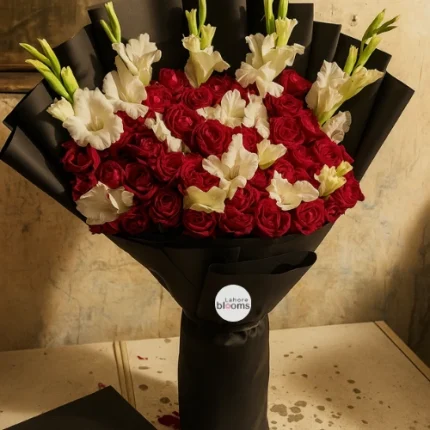 Grand red roses and white gladiolus bouquet wrapped in matte black paper – Lahore Blooms
